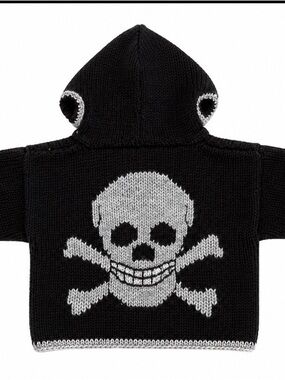 Black Hooded Hand Knit Kids Sweater with Gray Skull Motif